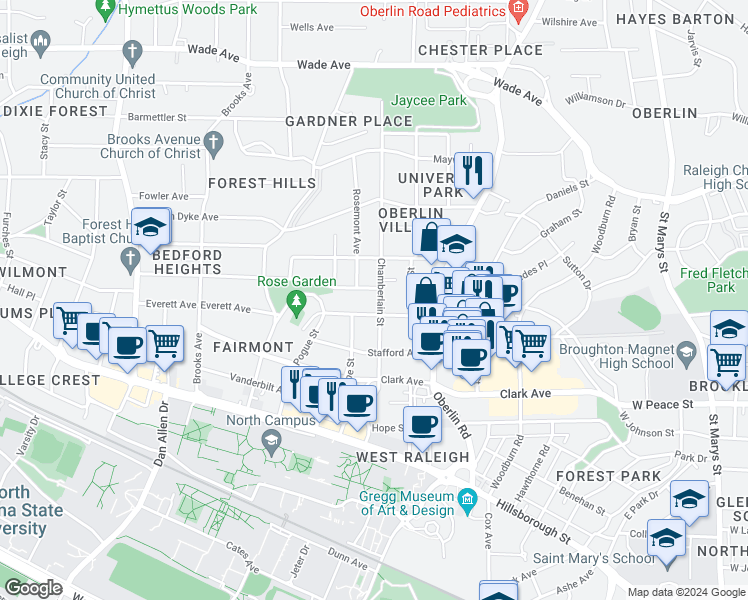 map of restaurants, bars, coffee shops, grocery stores, and more near 505 Chamberlain Street in Raleigh