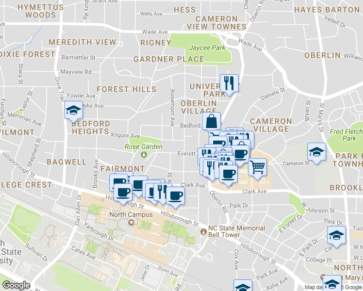 map of restaurants, bars, coffee shops, grocery stores, and more near 505 Chamberlain Street in Raleigh