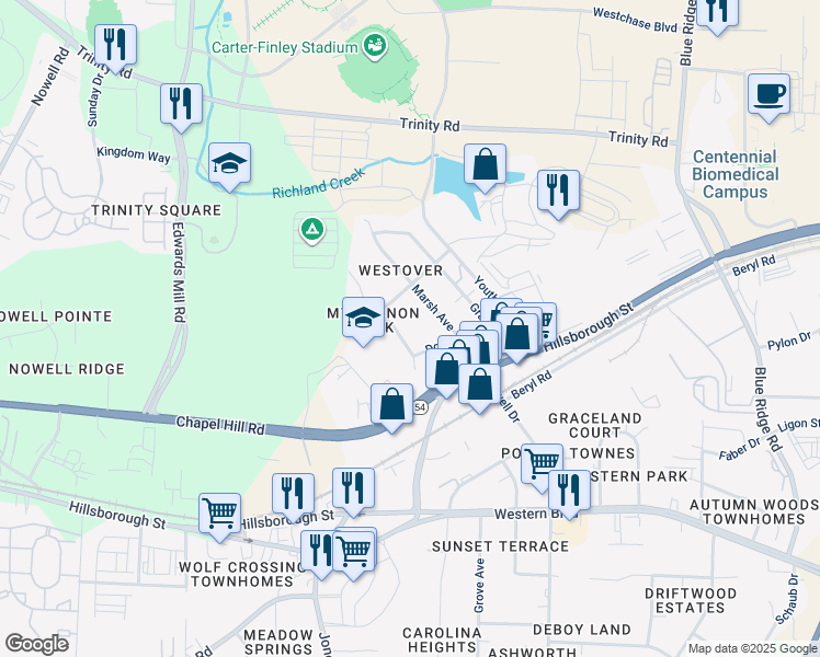 map of restaurants, bars, coffee shops, grocery stores, and more near 221 Marsh Avenue in Raleigh