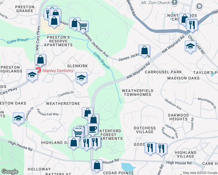 map of restaurants, bars, coffee shops, grocery stores, and more near 538 Weather Ridge Lane in Cary