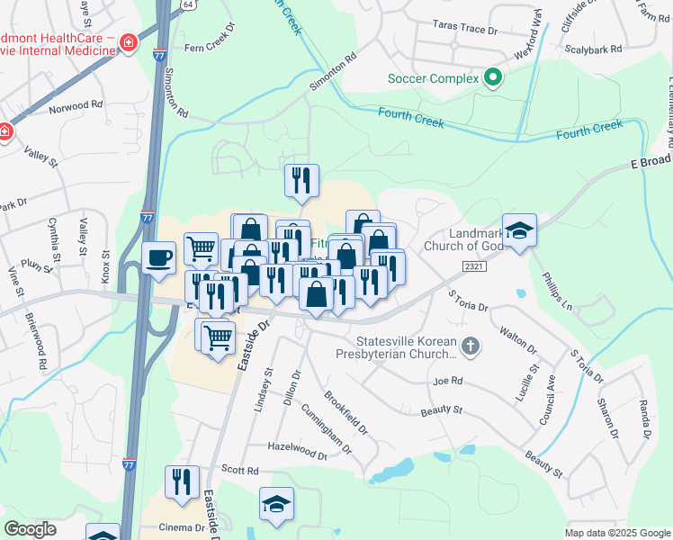 map of restaurants, bars, coffee shops, grocery stores, and more near 1877 East Broad Street in Statesville