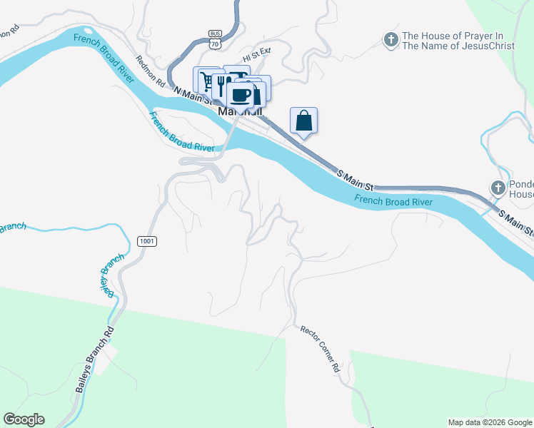 map of restaurants, bars, coffee shops, grocery stores, and more near 42 L And W Davis Lane in Marshall