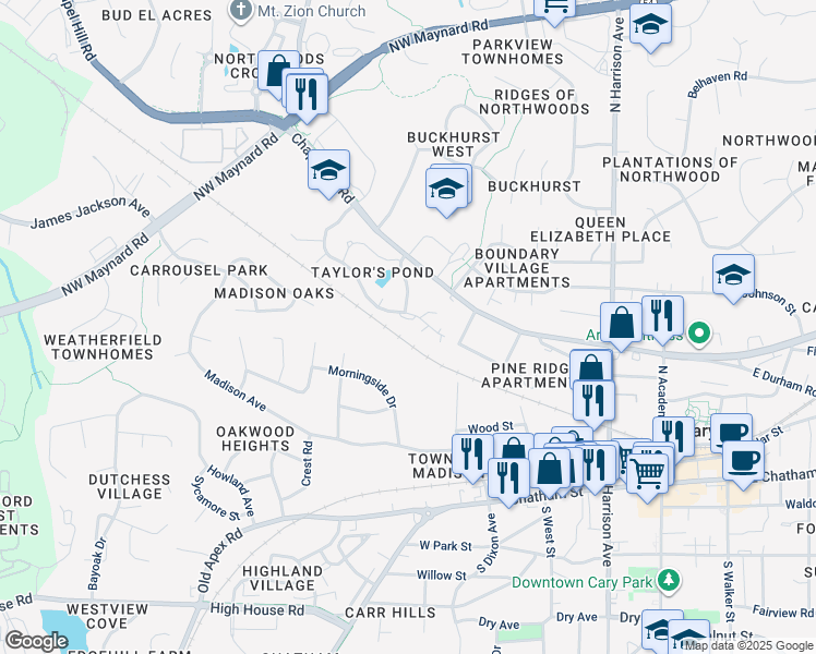 map of restaurants, bars, coffee shops, grocery stores, and more near 507 Middleton Avenue in Cary