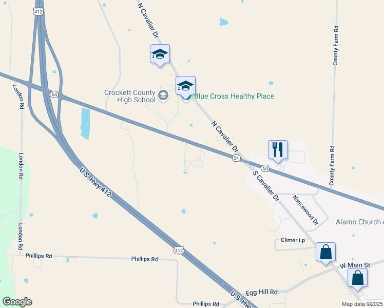map of restaurants, bars, coffee shops, grocery stores, and more near 1825 Tennessee 54 in Alamo