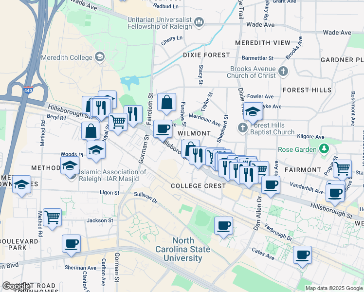 map of restaurants, bars, coffee shops, grocery stores, and more near 3344 Hillsborough Street in Raleigh