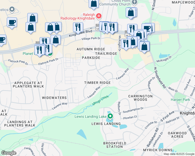 map of restaurants, bars, coffee shops, grocery stores, and more near 102 Braswell Court in Knightdale