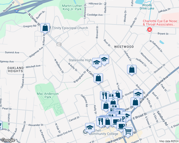 map of restaurants, bars, coffee shops, grocery stores, and more near 474 North Center Street in Statesville