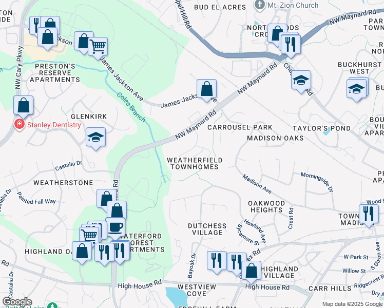 map of restaurants, bars, coffee shops, grocery stores, and more near 732 Davenbury Way in Cary