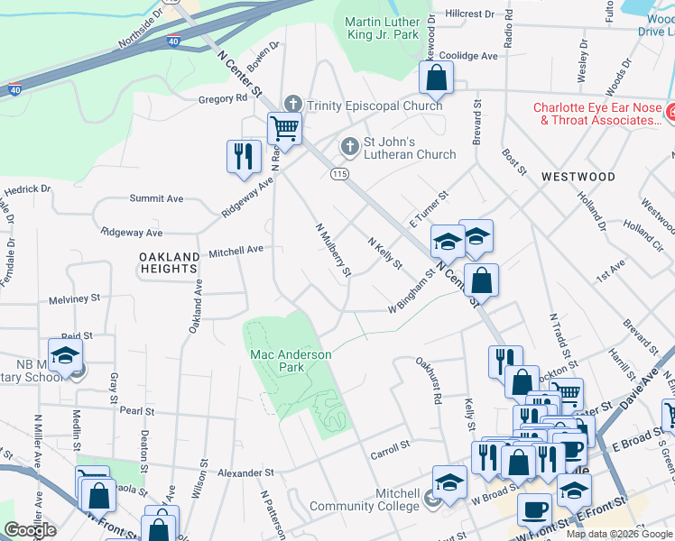 map of restaurants, bars, coffee shops, grocery stores, and more near 636 North Mulberry Street in Statesville