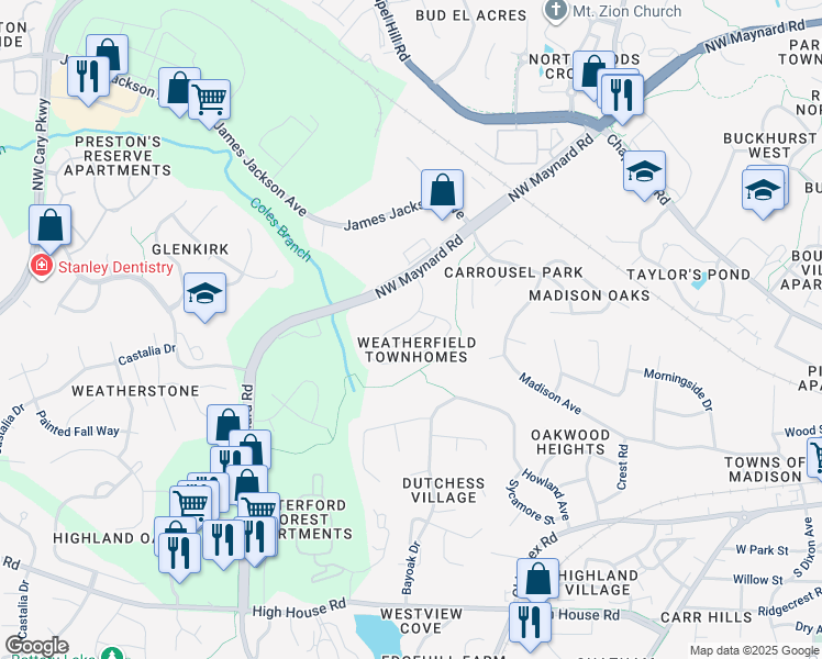 map of restaurants, bars, coffee shops, grocery stores, and more near 732 Davenbury Way in Cary