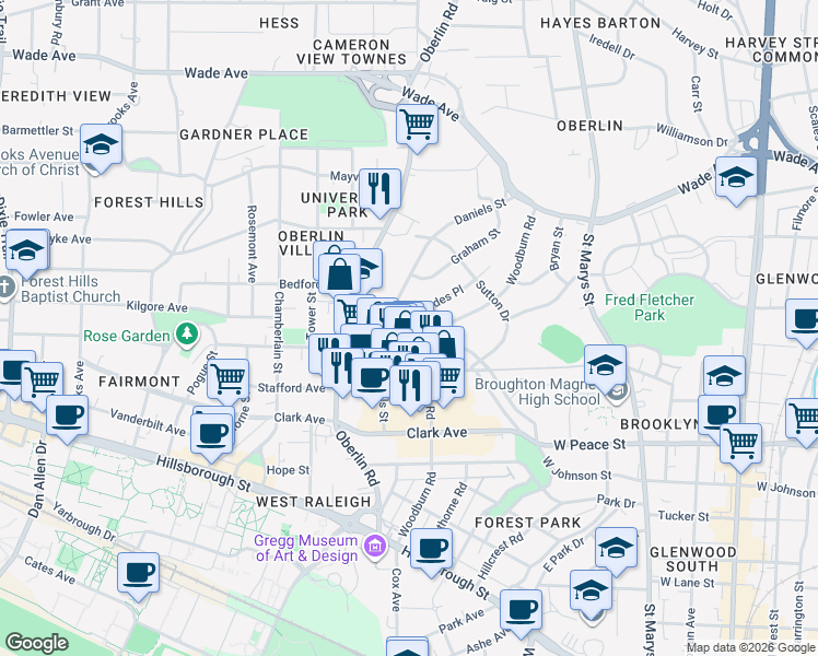 map of restaurants, bars, coffee shops, grocery stores, and more near 611 Smedes Place in Raleigh