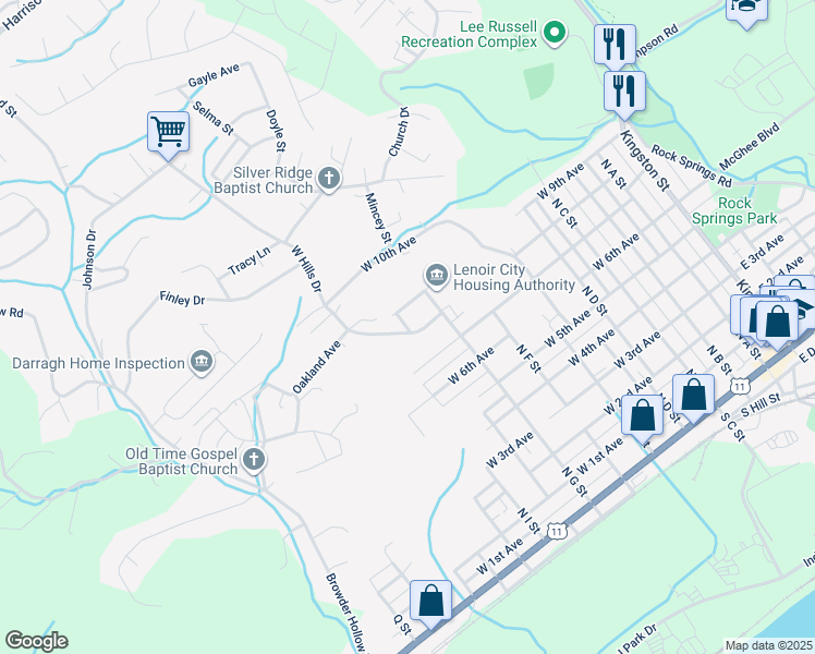 map of restaurants, bars, coffee shops, grocery stores, and more near 137 Oakwood Drive in Lenoir City