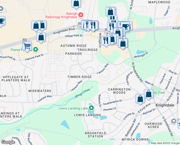 map of restaurants, bars, coffee shops, grocery stores, and more near 306 Laurens Way in Knightdale