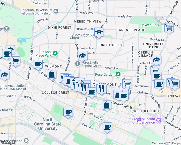 map of restaurants, bars, coffee shops, grocery stores, and more near 2802 Everett Avenue in Raleigh