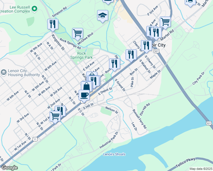 map of restaurants, bars, coffee shops, grocery stores, and more near 302 East 1st Avenue in Lenoir City