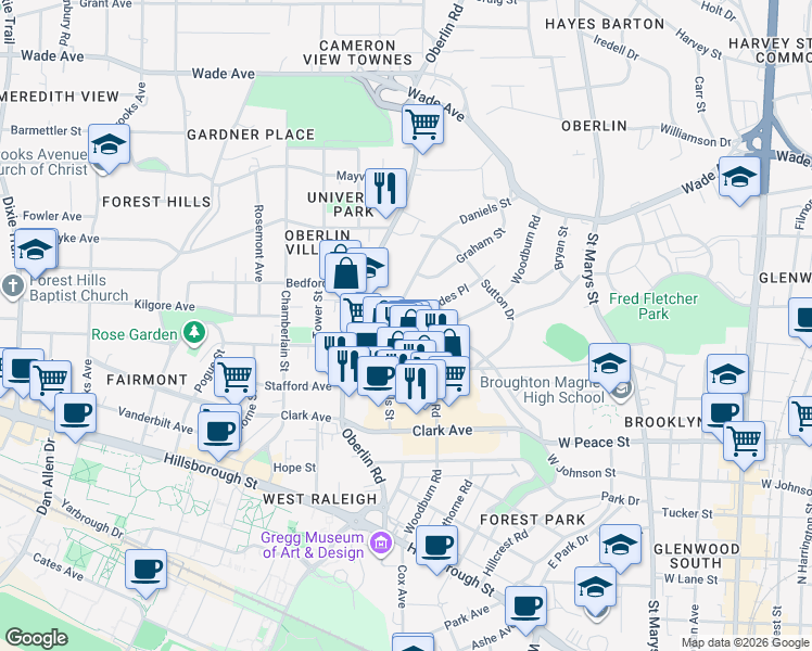 map of restaurants, bars, coffee shops, grocery stores, and more near 611 Smedes Place in Raleigh