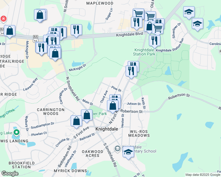 map of restaurants, bars, coffee shops, grocery stores, and more near 504 Pine Street in Knightdale