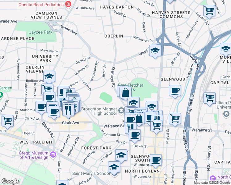 map of restaurants, bars, coffee shops, grocery stores, and more near 851 Washington Street in Raleigh