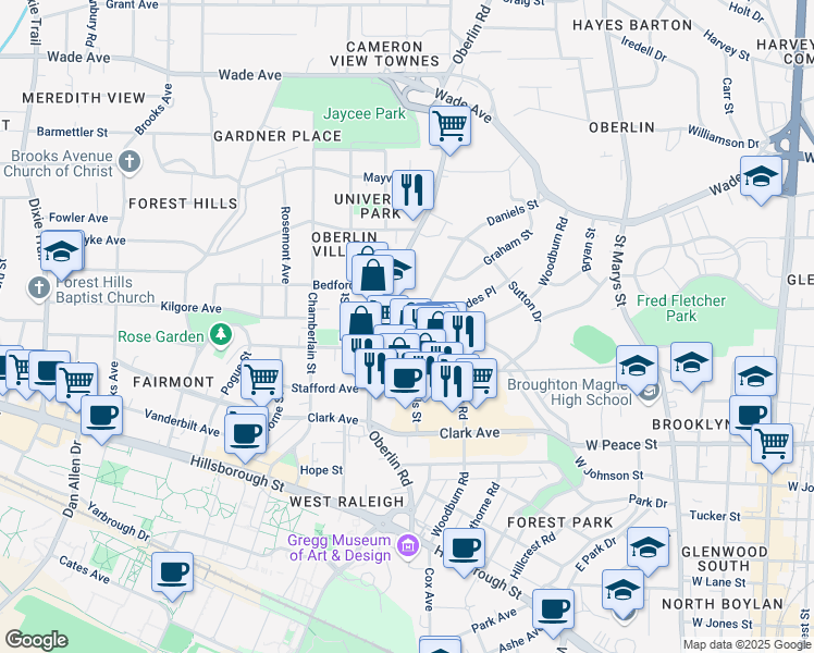 map of restaurants, bars, coffee shops, grocery stores, and more near 611 Daniels Street in Raleigh