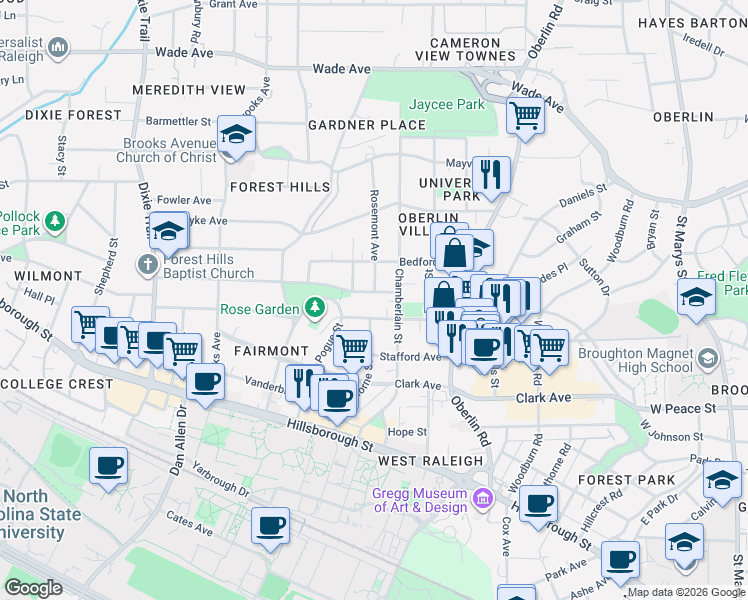map of restaurants, bars, coffee shops, grocery stores, and more near 2412 Kilgore Avenue in Raleigh