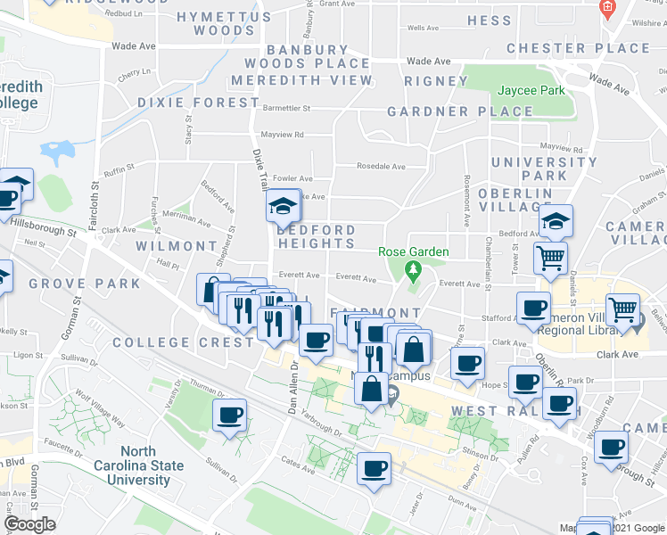 map of restaurants, bars, coffee shops, grocery stores, and more near 2719 Kilgore Avenue in Raleigh
