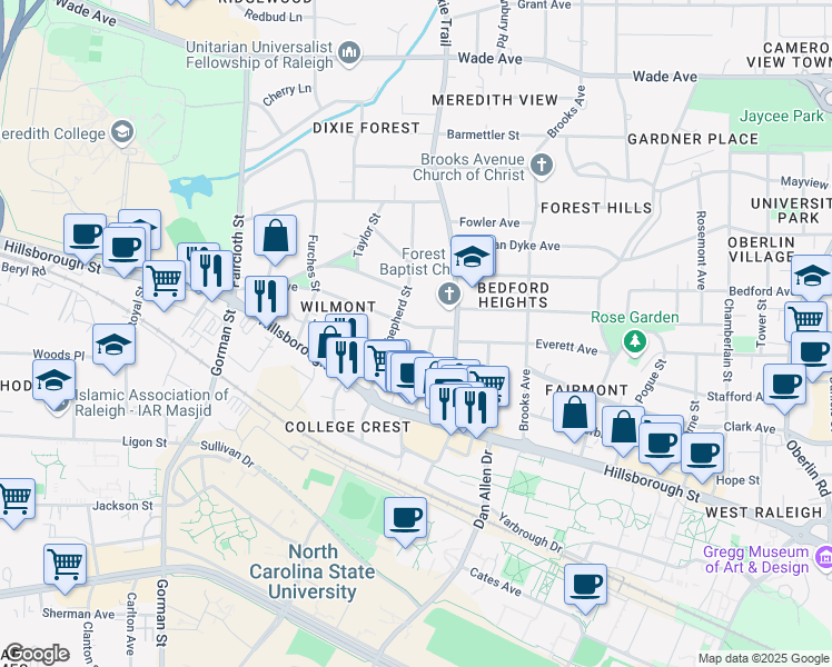 map of restaurants, bars, coffee shops, grocery stores, and more near 3202 Clark Avenue in Raleigh