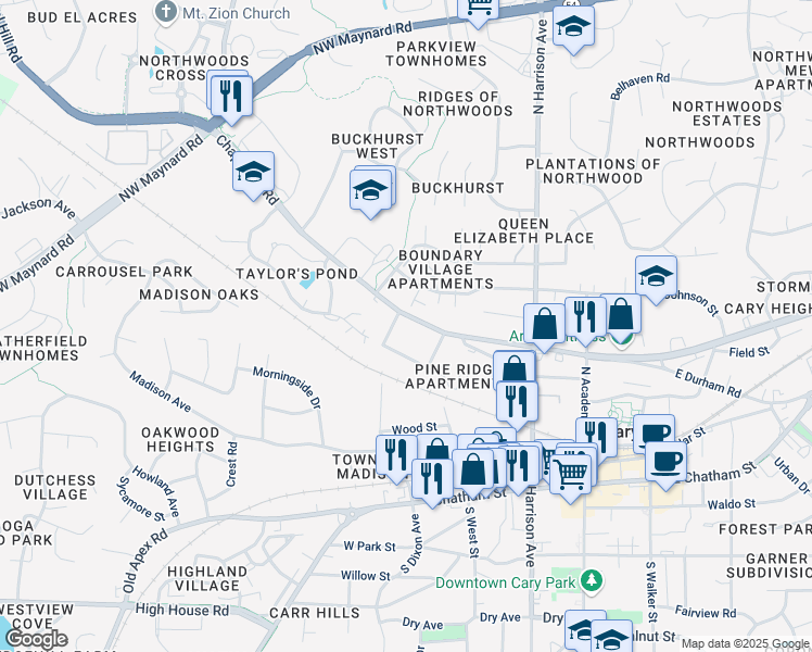 map of restaurants, bars, coffee shops, grocery stores, and more near 8733 Chapel Hill Road in Cary
