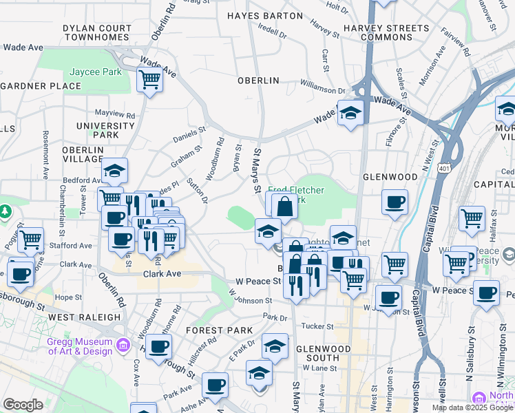 map of restaurants, bars, coffee shops, grocery stores, and more near 851 Washington Street in Raleigh