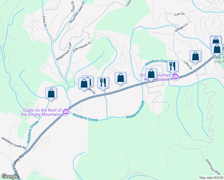 map of restaurants, bars, coffee shops, grocery stores, and more near 1160 Wears Valley Road in Pigeon Forge