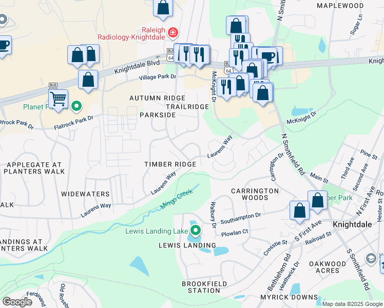 map of restaurants, bars, coffee shops, grocery stores, and more near 306 Laurens Way in Knightdale
