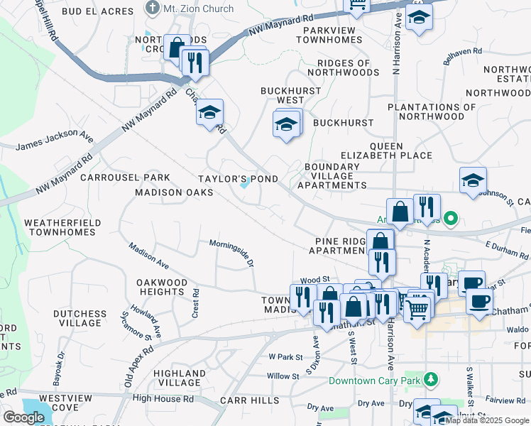 map of restaurants, bars, coffee shops, grocery stores, and more near 501 Middleton Avenue in Cary
