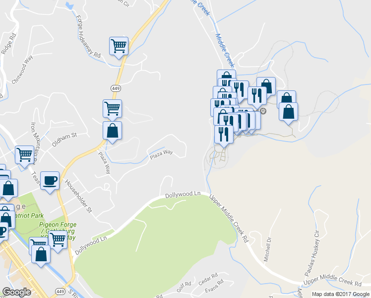 map of restaurants, bars, coffee shops, grocery stores, and more near 3729 Plaza Way in Pigeon Forge