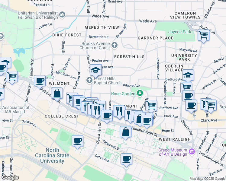 map of restaurants, bars, coffee shops, grocery stores, and more near 2719 Kilgore Avenue in Raleigh