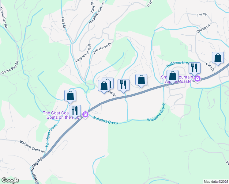 map of restaurants, bars, coffee shops, grocery stores, and more near 3129 Easy Street in Pigeon Forge