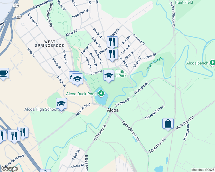 map of restaurants, bars, coffee shops, grocery stores, and more near 1200 Springbrook Road in Alcoa