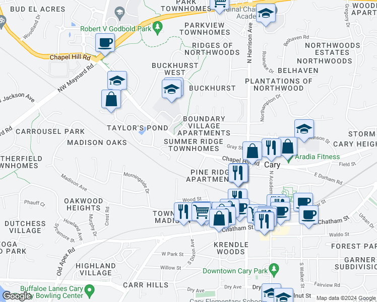 map of restaurants, bars, coffee shops, grocery stores, and more near 8715 Chapel Hill Road in Cary