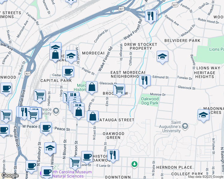 map of restaurants, bars, coffee shops, grocery stores, and more near 607 Virginia Avenue in Raleigh