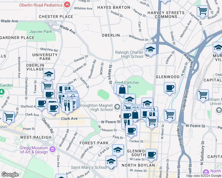 map of restaurants, bars, coffee shops, grocery stores, and more near 933 Saint Marys Street in Raleigh