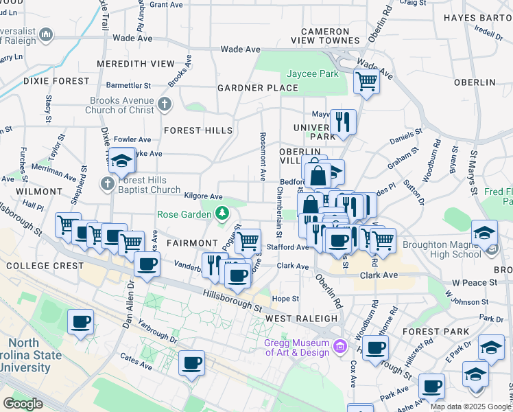 map of restaurants, bars, coffee shops, grocery stores, and more near 2412 Kilgore Avenue in Raleigh