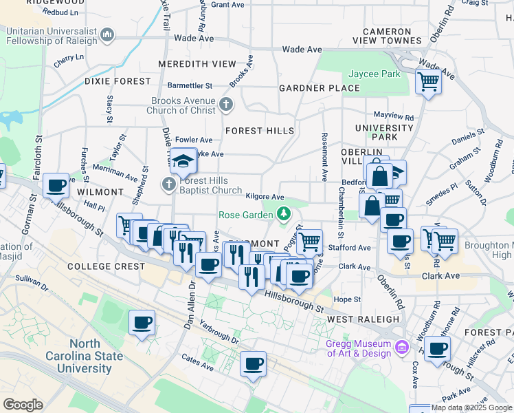 map of restaurants, bars, coffee shops, grocery stores, and more near 2701 Kilgore Avenue in Raleigh