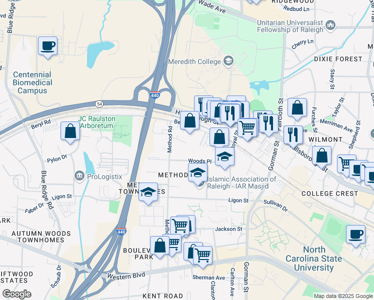 map of restaurants, bars, coffee shops, grocery stores, and more near 3911 Beryl Road in Raleigh