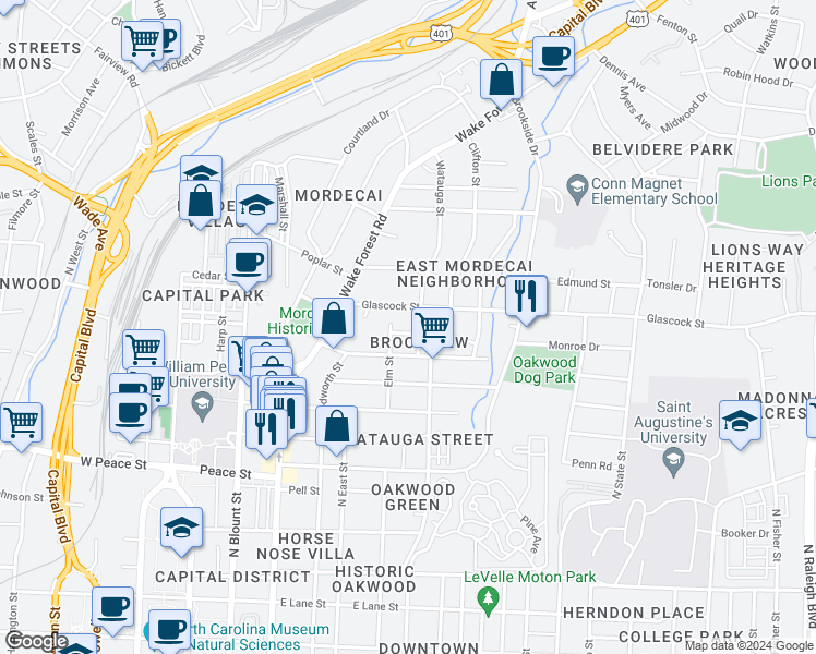 map of restaurants, bars, coffee shops, grocery stores, and more near 607 Virginia Avenue in Raleigh