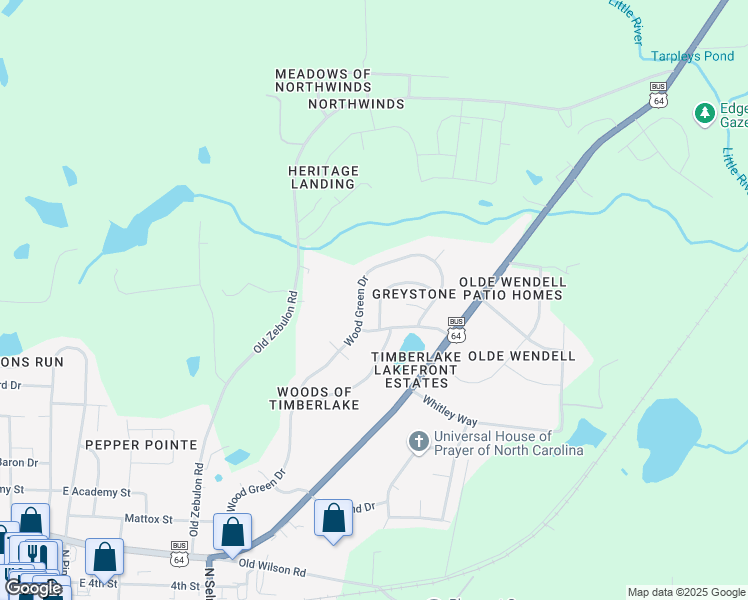map of restaurants, bars, coffee shops, grocery stores, and more near 313 Caroline Drive in Wendell