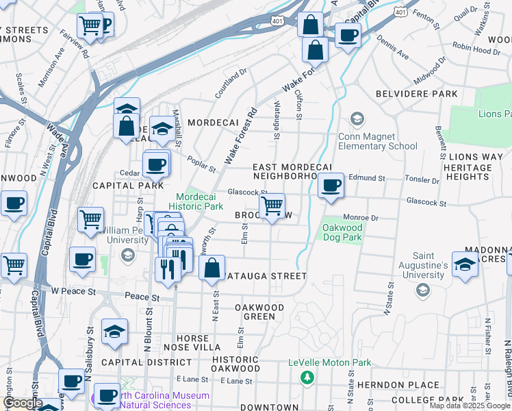 map of restaurants, bars, coffee shops, grocery stores, and more near 607 Virginia Avenue in Raleigh