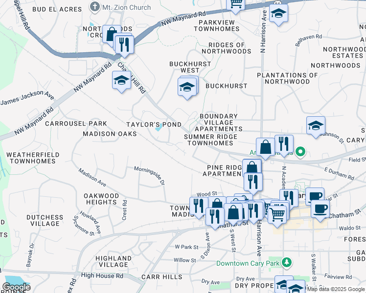 map of restaurants, bars, coffee shops, grocery stores, and more near 105 Rockspray Court in Cary