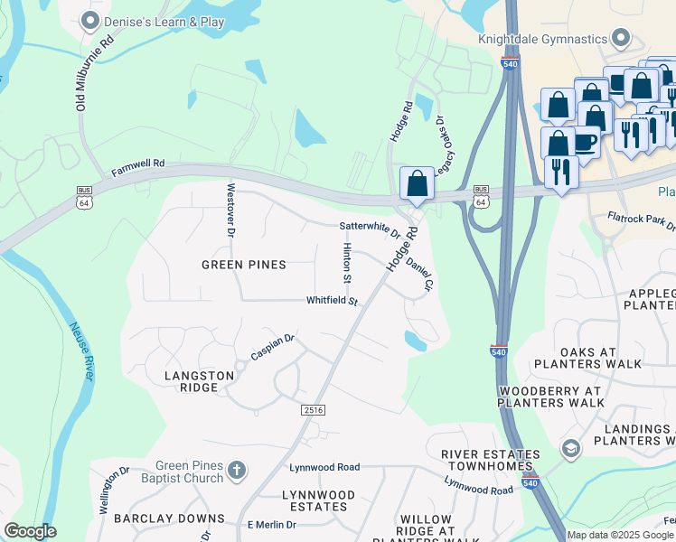 map of restaurants, bars, coffee shops, grocery stores, and more near 304 Hinton Street in Knightdale