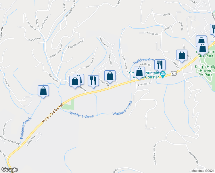 map of restaurants, bars, coffee shops, grocery stores, and more near 1156 Wears Valley Road in Pigeon Forge