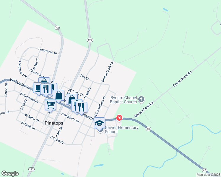 map of restaurants, bars, coffee shops, grocery stores, and more near 298 North S A Gilliam Street in Pinetops