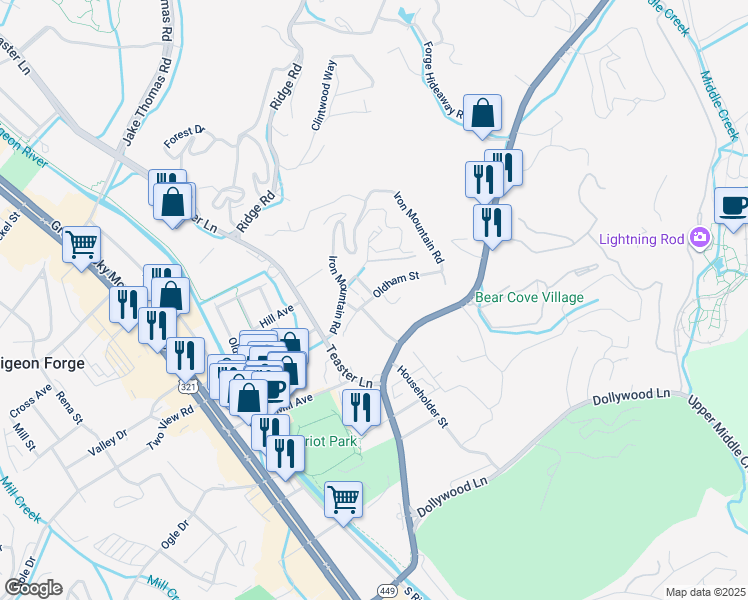 map of restaurants, bars, coffee shops, grocery stores, and more near 602 Iron Circle Drive in Pigeon Forge