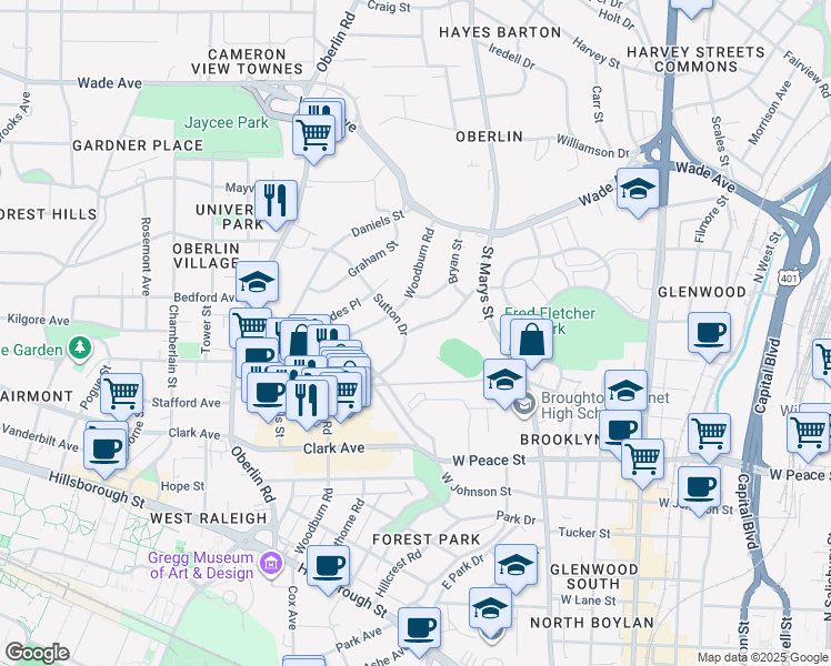 map of restaurants, bars, coffee shops, grocery stores, and more near 1029 Nichols Drive in Raleigh